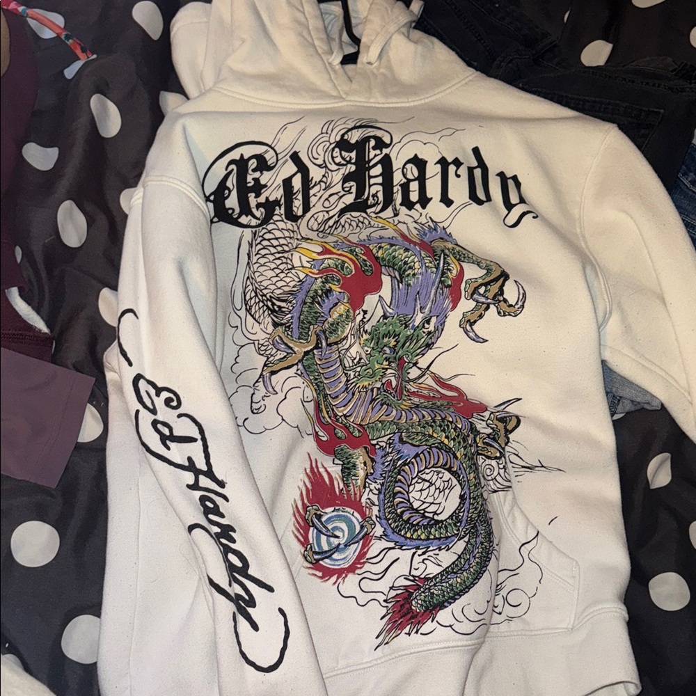 Ed Hardy White Hoodie with Colorful Dragon Design